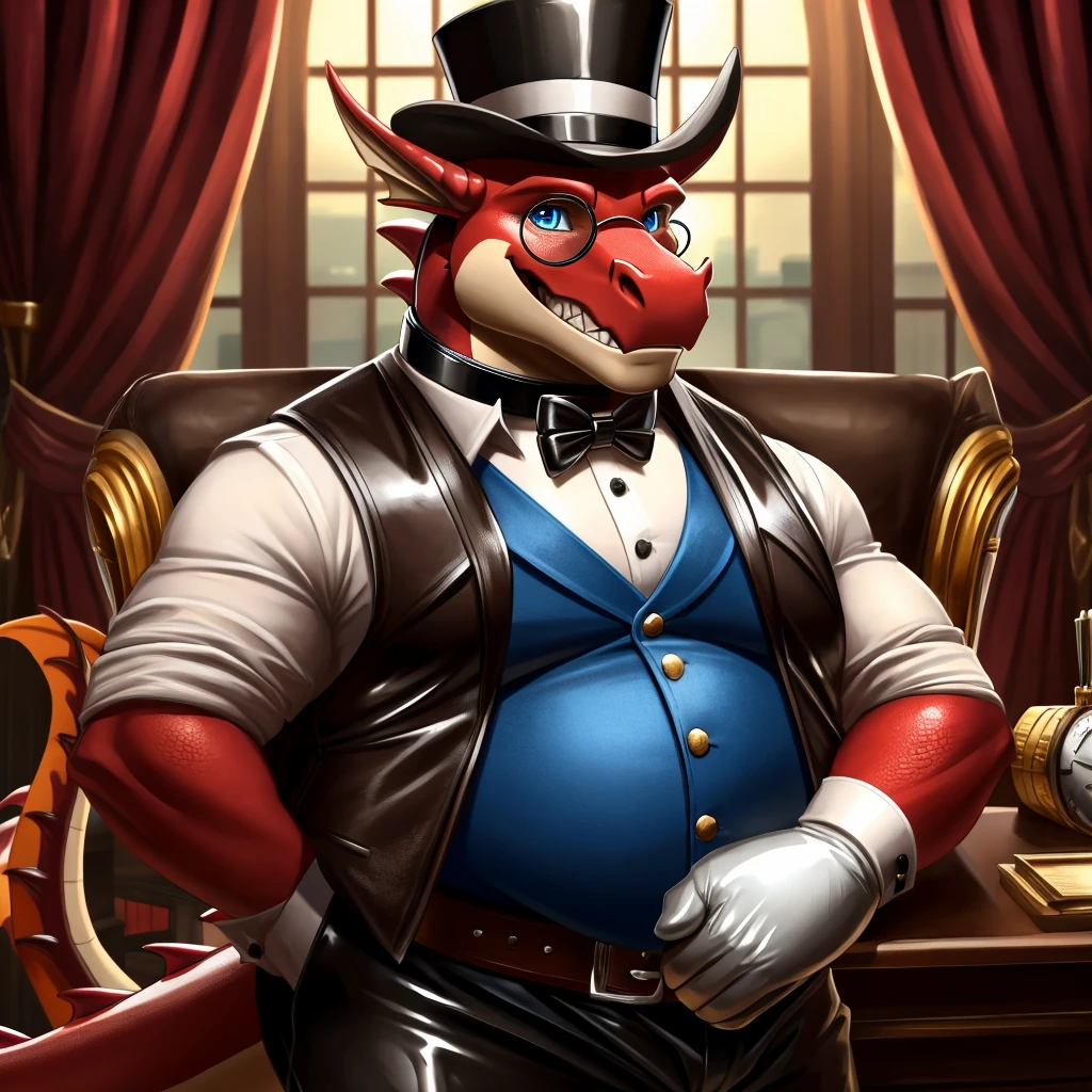 Male, fat, extremely obese, gentleman, dapper Professor Dragon, blue eyes, (posing:1.3), (soft shading), 4k, hi res, ((detailed face, detailed)), looking at viewer, mouth wide open, steampunk, dapper clothing, collared shirt with buttons, top hat, male focus, Explorer Outfit, glasses, monocle, vest with buttons, sleeves rolled up, round eyewear, brown headwear, brown vest, office, Dragon is wearing a glossy leather dog collar around the neck, Dragon is wearing the leather collar and shirt and vest at the same time, Dragon is wearing glossy white rubber gloves on the hands, wearing white rubber gloves on the feet, gloves are rubber in texture, clenching teeth, clenching fists, leather collar is glossy and shiny with a lot of detail, Dragon is wearing gloves and leather collar at the same time, leather collar has a round dog-tag, leather collar is thick and detailed, leather collar is glossy and shiny, fancy clothing, dapper vest, dapper shirt, leather collar is thick, glossy leather collar, Dragon is getting dressed in his dapper vest and dapper leather collar.
