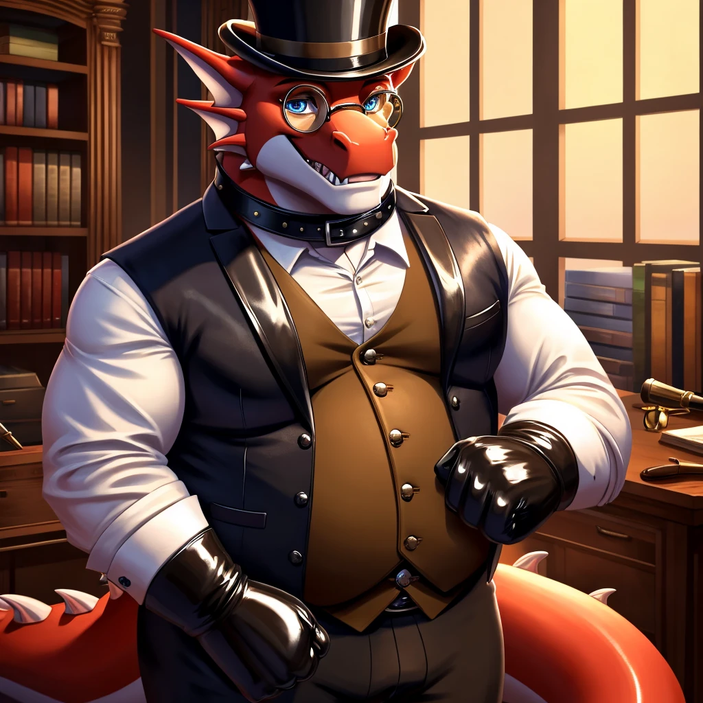 Male, fat, extremely obese, gentleman, dapper Professor Dragon, blue eyes, (posing:1.3), (soft shading), 4k, hi res, ((detailed face, detailed)), looking at viewer, mouth wide open, steampunk, dapper clothing, collared shirt with buttons, top hat, male focus, Explorer Outfit, glasses, monocle, vest with buttons, sleeves rolled up, round eyewear, brown headwear, brown vest, office, Dragon is wearing a glossy leather dog collar around the neck, Dragon is wearing the leather collar and shirt and vest at the same time, Dragon is wearing glossy white rubber gloves on the hands, wearing white rubber gloves on the feet, gloves are rubber in texture, clenching teeth, clenching fists, leather collar is glossy and shiny with a lot of detail, Dragon is wearing gloves and leather collar at the same time, leather collar has a round dog-tag, leather collar is thick and detailed, leather collar is glossy and shiny, fancy clothing, dapper vest, dapper shirt, leather collar is thick, glossy leather collar, Dragon is getting dressed in his dapper vest and dapper leather collar.