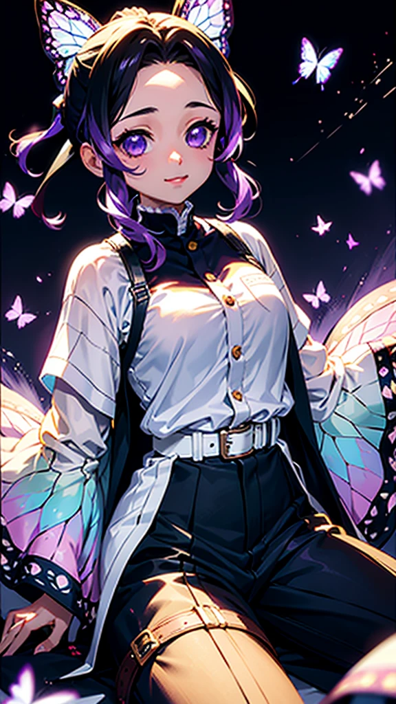 shinobu, 1girl, solo, looking at viewer, smile, short hair, black hair, hair ornament, long sleeves, holding, medium breasts, closed mouth, sitting, purple eyes, jacket, purple hair, flower, cowboy shot, japanese clothes, belt, pants, sword, wide sleeves, uniform, black jacket, parted bangs, black pants, bug, animal print, butterfly, buckle, belt buckle, one eye covered, butterfly hair ornament, haori, white belt, blue butterfly, demon slayer uniform, butterfly print, wisteria, masterpiece,