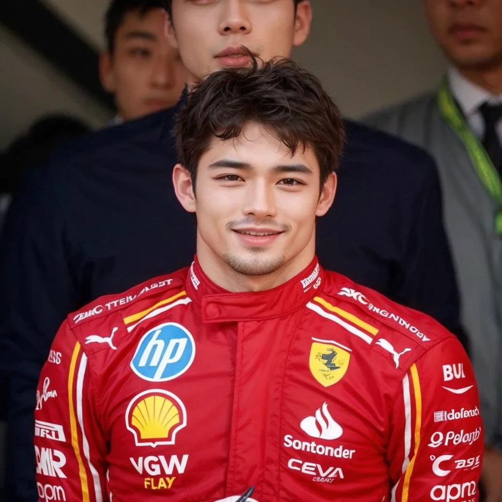 man with Asian features, handsome with formula 1 clothes