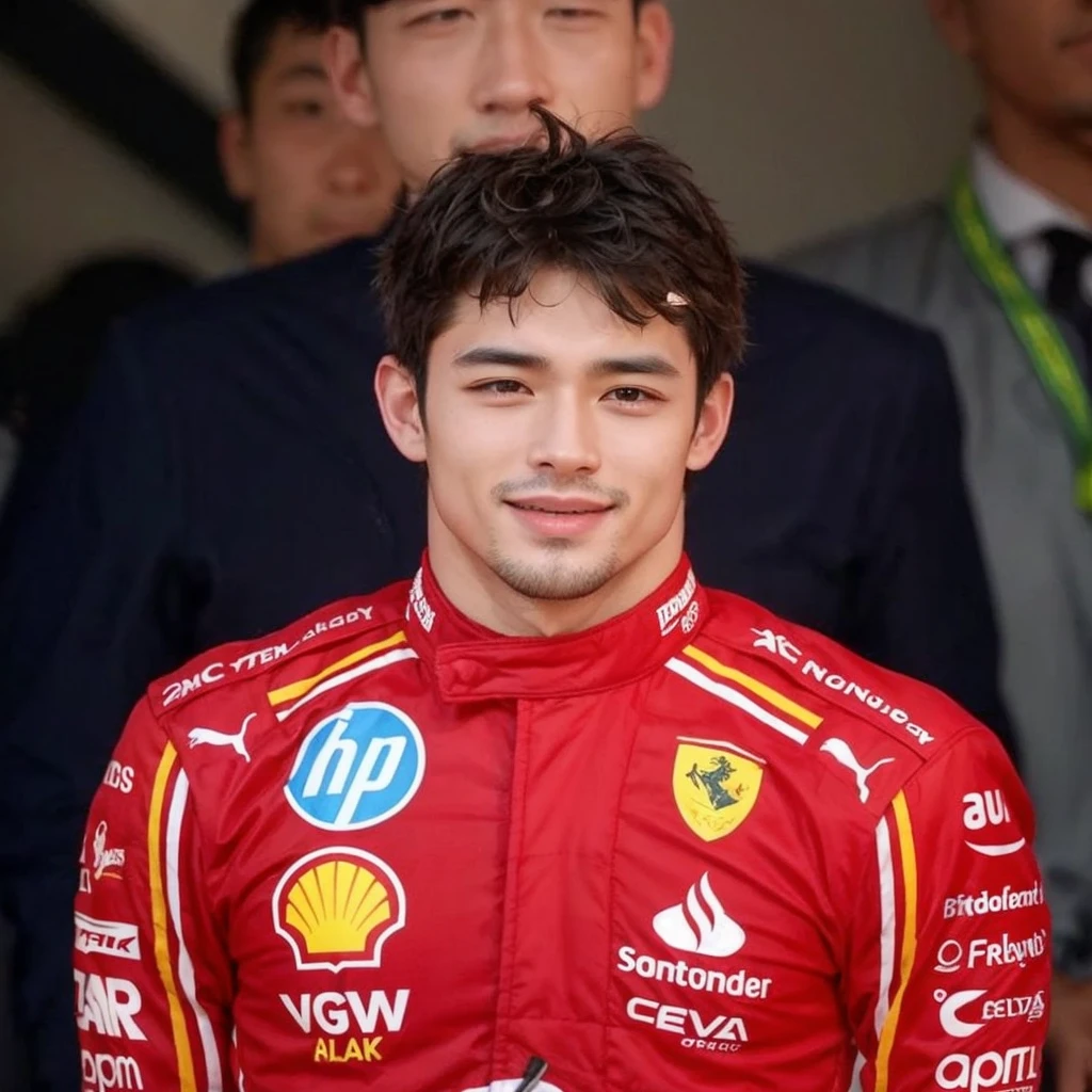 man with Asian features, handsome with formula 1 clothes