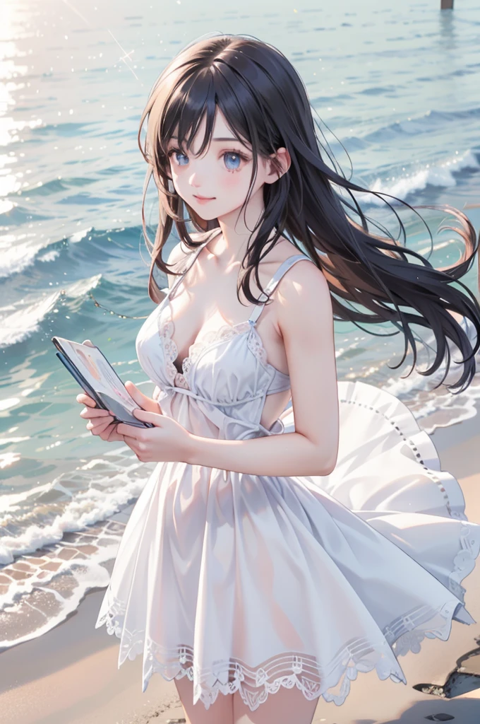 RAW Photos, Realistic, Ultra-realistic, beautiful girl, large sparkling eyes, smiling, white lace gothloli dress, standing in ocean, summer, clear blue sky, crystal clear water, flowing long smooth hair, gentle breeze, soft lighting, sun shining, 2.5D illustration, highly detailed, award-winning artwork, serene, peaceful, ethereal, Highest quality, masterpiece, Ultra-high resolution, 8K