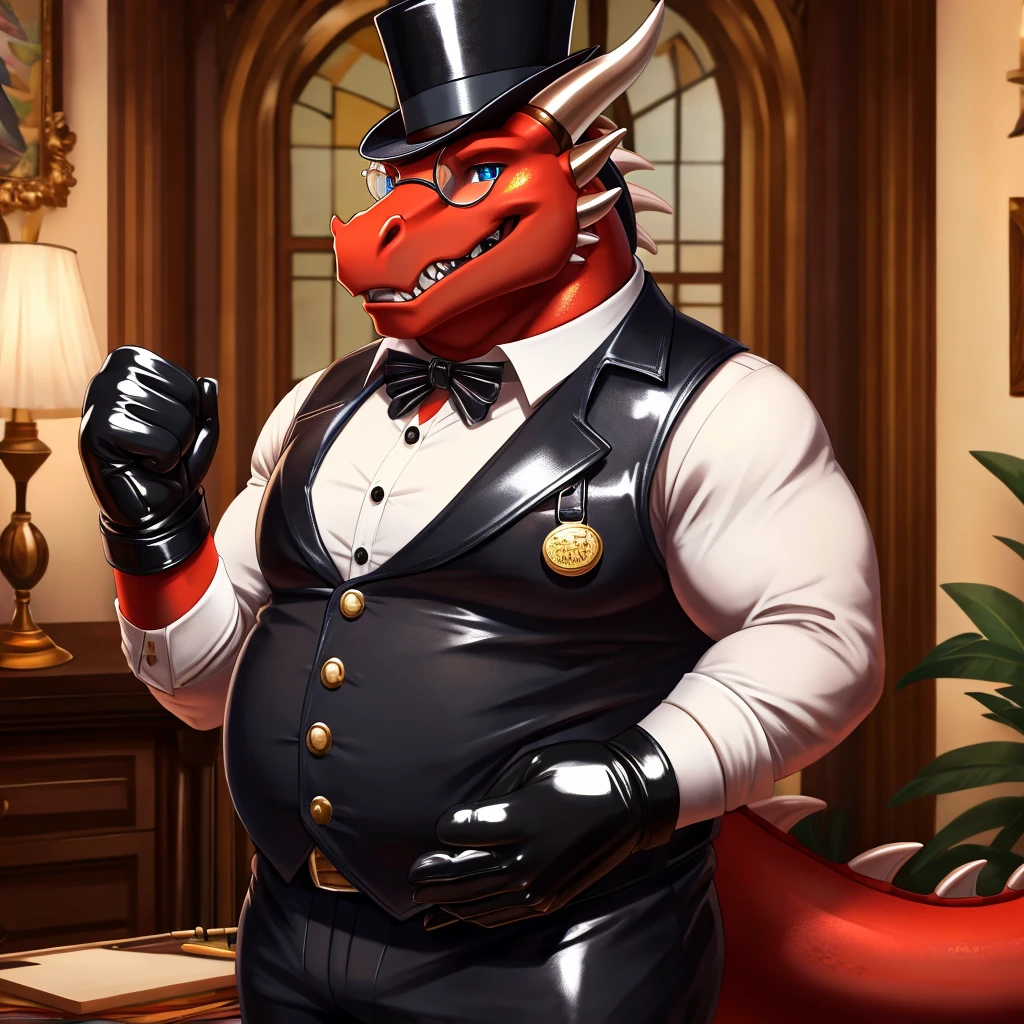 Male, fat, extremely obese, gentleman, dapper Professor Dragon, blue eyes, (posing:1.3), (soft shading), 4k, hi res, ((detailed face, detailed)), looking at viewer, mouth wide open, steampunk, dapper clothing, collared shirt with buttons, top hat, male focus, Explorer Outfit, glasses, monocle, vest with buttons, sleeves rolled up, round eyewear, brown headwear, brown vest, office, Dragon is wearing a glossy leather dog collar around the neck, Dragon is wearing the leather collar and shirt and vest at the same time, Dragon is wearing glossy white rubber gloves on the hands, wearing white rubber gloves on the feet, gloves are rubber in texture, clenching teeth, clenching fists, leather collar is glossy and shiny with a lot of detail, Dragon is wearing gloves and leather collar at the same time, leather collar has a round dog-tag, leather collar is thick and detailed, leather collar is glossy and shiny, fancy clothing, dapper vest, dapper shirt, leather collar is thick, glossy leather collar, Dragon is getting dressed in his dapper vest and dapper leather collar.