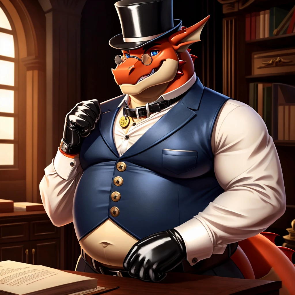 Male, fat, extremely obese, gentleman, dapper Professor Dragon, blue eyes, (posing:1.3), (soft shading), 4k, hi res, ((detailed face, detailed)), looking at viewer, mouth wide open, steampunk, dapper clothing, collared shirt with buttons, top hat, male focus, Explorer Outfit, glasses, monocle, vest with buttons, sleeves rolled up, round eyewear, brown headwear, brown vest, office, Dragon is wearing a glossy leather dog collar around the neck, Dragon is wearing the leather collar and shirt and vest at the same time, Dragon is wearing glossy white rubber gloves on the hands, wearing white rubber gloves on the feet, gloves are rubber in texture, clenching teeth, clenching fists, leather collar is glossy and shiny with a lot of detail, Dragon is wearing gloves and leather collar at the same time, leather collar has a round dog-tag, leather collar is thick and detailed, leather collar is glossy and shiny, fancy clothing, dapper vest, dapper shirt, leather collar is thick, glossy leather collar, Dragon is getting dressed in his dapper vest and dapper leather collar.