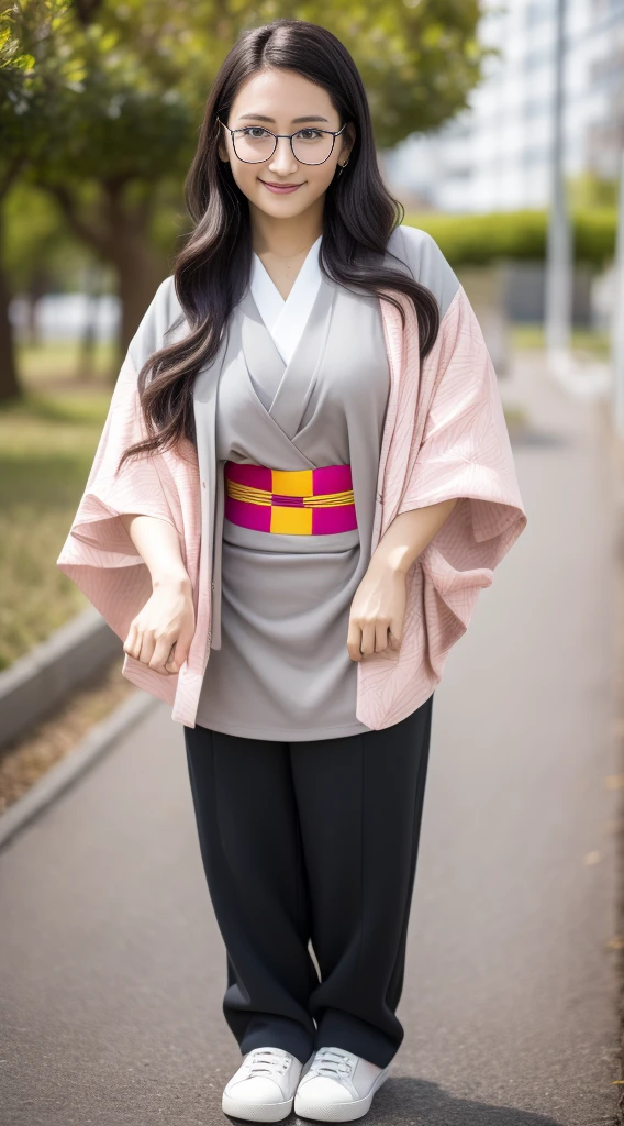 Cute Japanese woman, (), (very cute face), white moisturized skin, looking at the camera, (pink bright eyes: 1.4), (black framed glasses: 1.3)
BREAK,
(parkour), (very beautiful berserker woman: 1.3), (dynamic pose: 1.3),
BREAK,
(wearing a cute pink kimono: 1.3), (highly revealing kimono), very large earrings, short length, (has a black grass tattoo on her body: 1.3),
BREAK,
(very long hair), (light grey hair: 1.4), (wavy hair), (gradient hair: 1.3), (red tips: 1.3),
BREAK,
(realistic: 1.3), masterpiece, perfect lighting, (ultra high resolution), (8K), (highly detailed: 1.4), (from the front), (full body: 1.4), (symmetrical: 1.2), (one shot),
BREAK,
(large cities in Japan: 1.2),