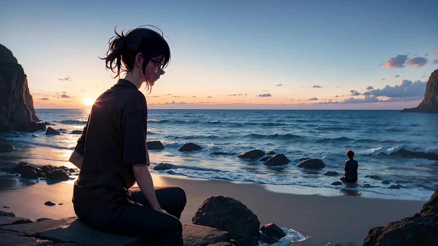 Silhouette of girl in glasses and boy in casual clothes sitting together on rocks near sea and looking at scenery, #1: Blonde Hair and Delicate Light Mix, , Blow cold smoke from your mouth, Name, summer, photography, (Hyper-photorealism), {Extremely detailed CG 8k unit wallpaper}, 广阔的风景photography, (下面的景色优先考虑景观细节的grace, Broaden your horizons), (Low Angle Photo), ( high beams: 1,0), (Low light: 1,0), (Warm light source: 1.5), Intricate details, (Rainbow Colors: 1,7), (Bright Lights), (Atmospheric lighting), Visionary, grace, Modern Yang Jie, Detailed fantasy art, Stunning character art, Fanart Best Art Station, Epic and beautiful character art, Extremely detailed art, The art of detailed digital animation heats up