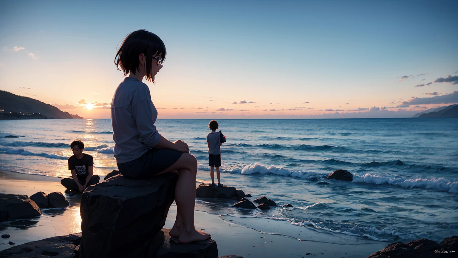 Silhouette of girl in glasses and boy in casual clothes sitting together on rocks near sea and looking at scenery, #1: Blonde Hair and Delicate Light Mix, , Blow cold smoke from your mouth, Name, summer, photography, (Hyper-photorealism), {Extremely detailed CG 8k unit wallpaper}, 广阔的风景photography, (下面的景色优先考虑景观细节的grace, Broaden your horizons), (Low Angle Photo), ( high beams: 1,0), (Low light: 1,0), (Warm light source: 1.5), Intricate details, (Rainbow Colors: 1,7), (Bright Lights), (Atmospheric lighting), Visionary, grace, Modern Yang Jie, Detailed fantasy art, Stunning character art, Fanart Best Art Station, Epic and beautiful character art, Extremely detailed art, The art of detailed digital animation heats up