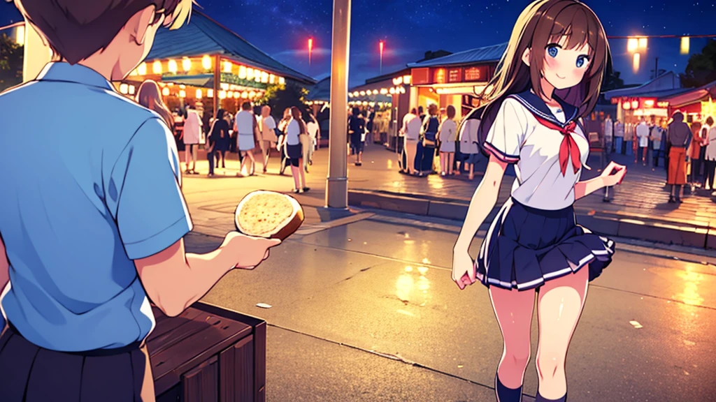 {of the highest quality], [Super beautiful], [Ultra Fine], [best illustration], NSFW,Brown hair, hime cut, by the wide, with bangs, Girl,high school student,uniform,weave,short sleeve,Skirt,smile, blush, Thin women, adult women,standing posture,(public),night park,summer festival,diagonal, Navy Blue Knee High Socks,black bread