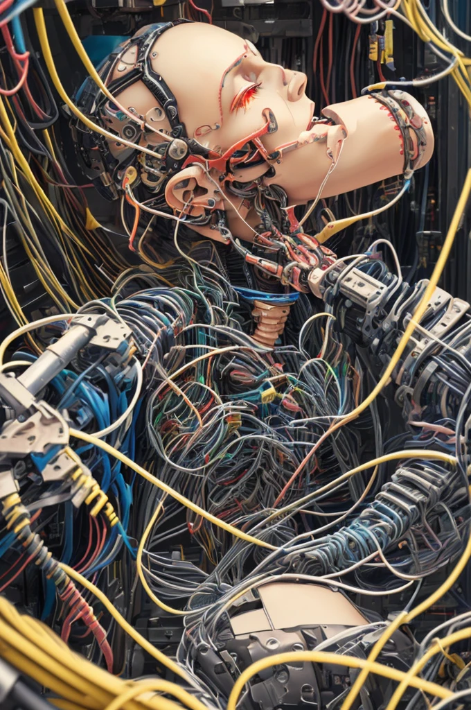(((Masterpiece))), (((best quality))), ((Very detailed)), (Highly detailed CG illustrations.), ((Delicate and extremely beautiful)),(cute delicate face),Cinema-grade lighting,((1 mechanical girl)),alone,full body,(Machine-made joints:1.4),((mechanical limbs)),(blood vessels connected to pipes),((A mechanical spine is attached to the back.)),((The mechanical cervix is attached to the neck.)),((sit)),expressionless,(Wires and cables attached to the head and body:1.5),(Character focus),science fiction