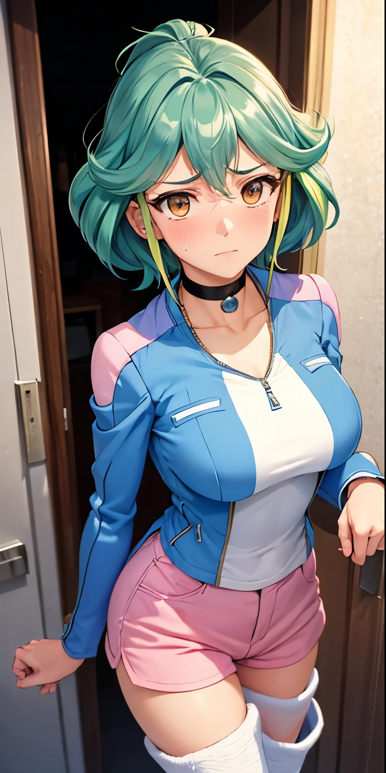 1 Female,High definition,high resolution,Ultra-realistic,8K, rin_arc_v,blue jacket, long sleeves, black choker, pink shorts, white thigh boots,European,sexy,Upper body close-up,Photographed from the front,Dynamic Angles,blush, medium tits, sad, facial, sweat,multicolored hair 