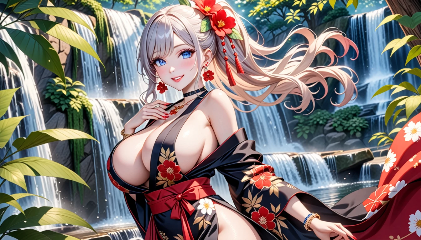 ultra-detailed, ((one girl)), (portrait)), (pale skin:1.4), in pastel colors gyaru, (heavy makeup), (professional lighting) hyper detailed, absurdres, 8k, Beautiful Face, (Laugh shyly), ((teasing smile:1.3)), ((happy smile:1.3)), ((Wink:1.5)), (Laugh with your mouth wide open),((Tilt your face:1.6)), View your viewers, ((Bright red cheeks:1.6)),Glossy Red Lips, ((huge breasts:1.6)), undressing kimono, noon, summer, Forest waterfall, ((Anime style background)),masterpiece, Highest quality, (Brighten your face), so beautiful,Latest, Complex details, (Pink long nails), (nail art), (ring),(bracelet), (Floral Choker),AI-generated, Complex,High resolution, Highest quality, super high quality,3D Images、3D Images,One person,(Snow White hair), (highlights hair,Milky White streaked hair)), Long Hair,(High Ponytail), (wavy hair:1.3), Anime woman in black kimono posing for a photo, ((Fine grain、blue eyes、glowing eyes:1.4)), (Squint your eyes:1.1),a hyperRealistic , hyperRealistic , Realistic, Smooth anime CG art, A girl in a gorgeous black kimono, (black furisode:1.2), Gold embroidery, (Red large floral pattern), (sideboob), Long flower hair ornament,Floral Earrings, Mature Body, tall,Narrow waist, (dutch angle),
