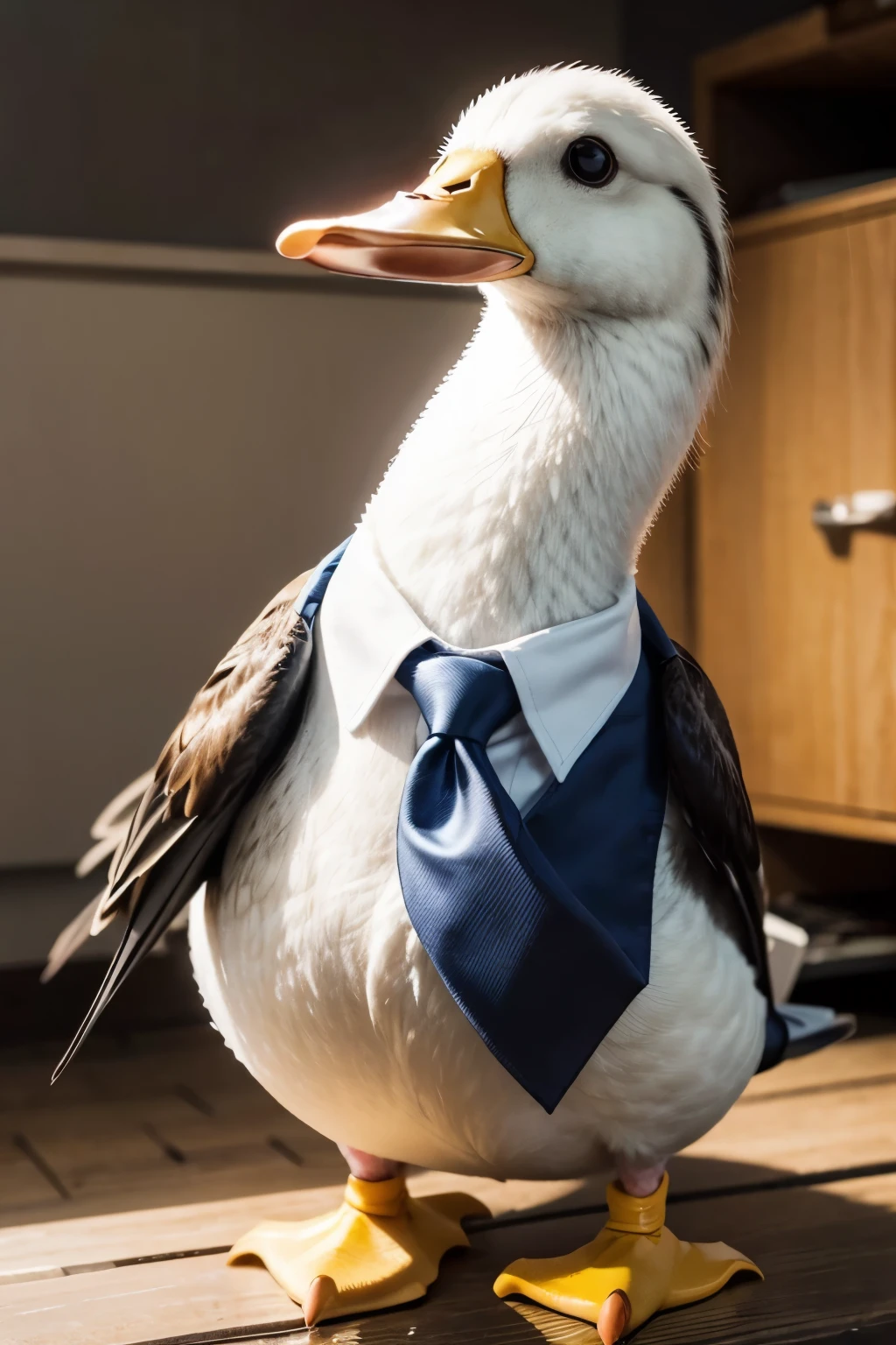 Create a logo of a duck turning to the left that only shows half of the duck with one hand holding its tie 