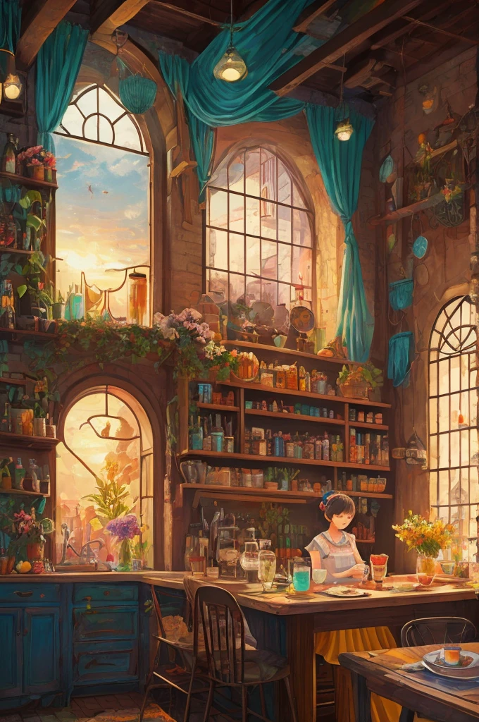 Masterpiece,best quality,Masterpiece,best quality,official art,Very detailed CG unity 8k wallpaper.,slightly retro color,rice print style,illustration,cute,1 girl,flower,window sill,กระถางflower,drink coffee,.