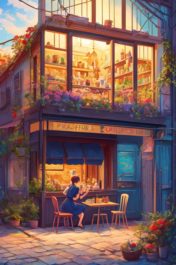 Masterpiece,best quality,Masterpiece,best quality,official art,Very detailed CG unity 8k wallpaper.,slightly retro color,rice print style,illustration,cute,1 girl,flower,window sill,กระถางflower,drink coffee,.