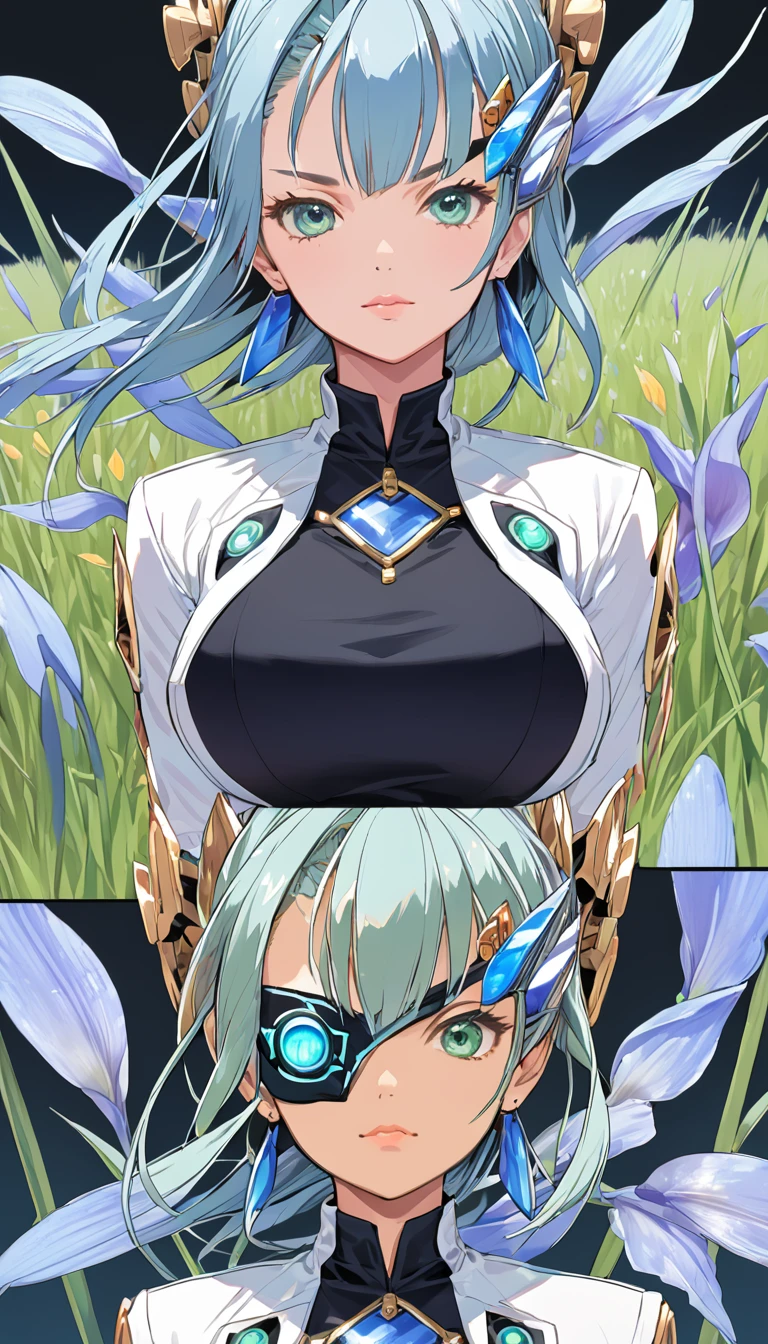 Mikumari \(Xenoblade\)masterpiece, Highest quality, ((1 person)),Blue Hair,Green Eyes,Serious expression, smile,Upper Body,Line art,Medium Hair,White blazer,Black T-shirt,Big Breasts,Bunhead,Black Mask, Expressionless blue eyes,((Kubo Obito Style)) Detailed face, Face Focus, Are standing, Black Hair,(hair ornaments:1.35),office lady, Sleeves edged with ribbon, Removable sleeves, Ribbon trim, Wide sleeves, (View your audience:1.5) Long Hair, iris, bangs, lips,smile,grassland