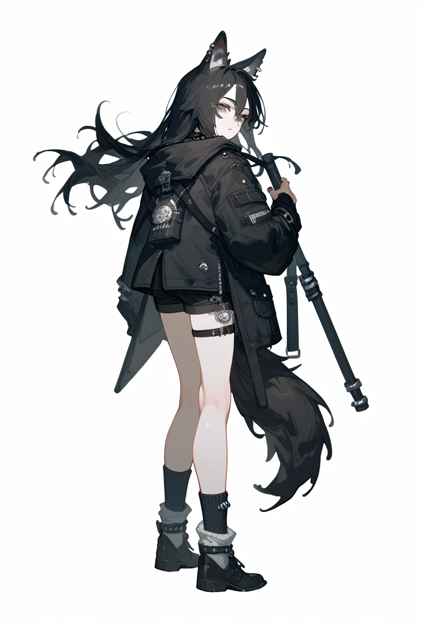 1 Girl, Black Hair,Long hair,Wolf ears wolf tail, black eyes, Tooling，Black coat，Black shorts，Leg ring，Punk style，Long socks，Full body portrait，White background