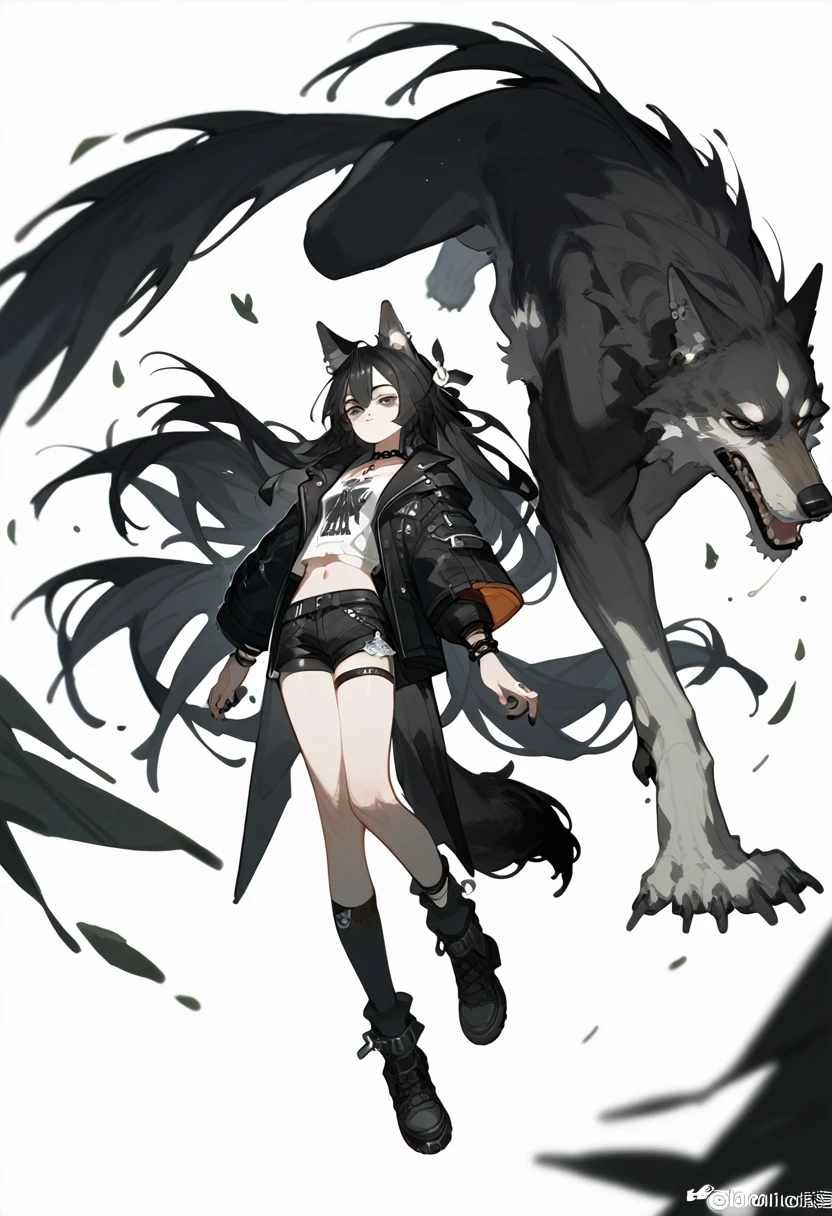 1 Girl, Black Hair,Long hair,Wolf ears wolf tail, black eyes, Tooling，Black coat，Black shorts，Leg ring，Punk style，Long socks，Full body portrait，White background