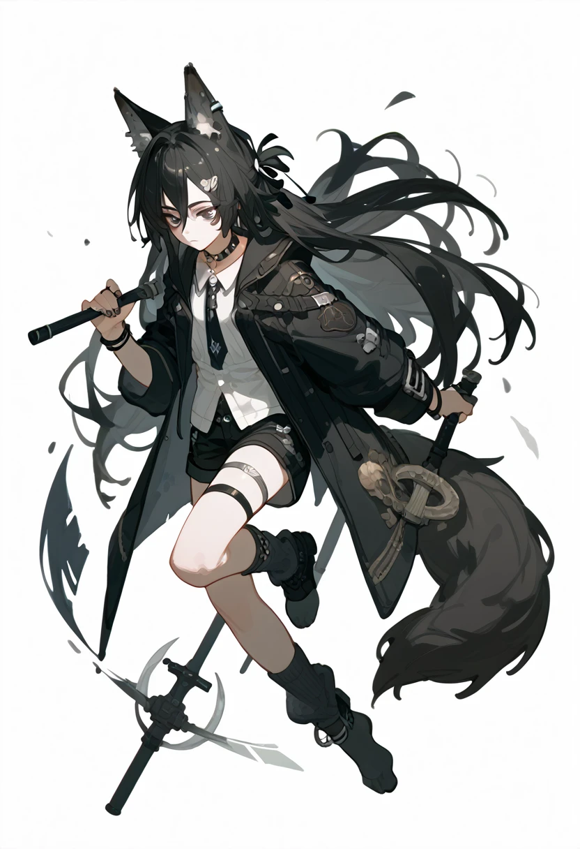 1 Girl, Black Hair,Long hair,Wolf ears wolf tail, black eyes, Tooling，Black coat，Black shorts，Leg ring，Punk style，Long socks，Full body portrait，White background