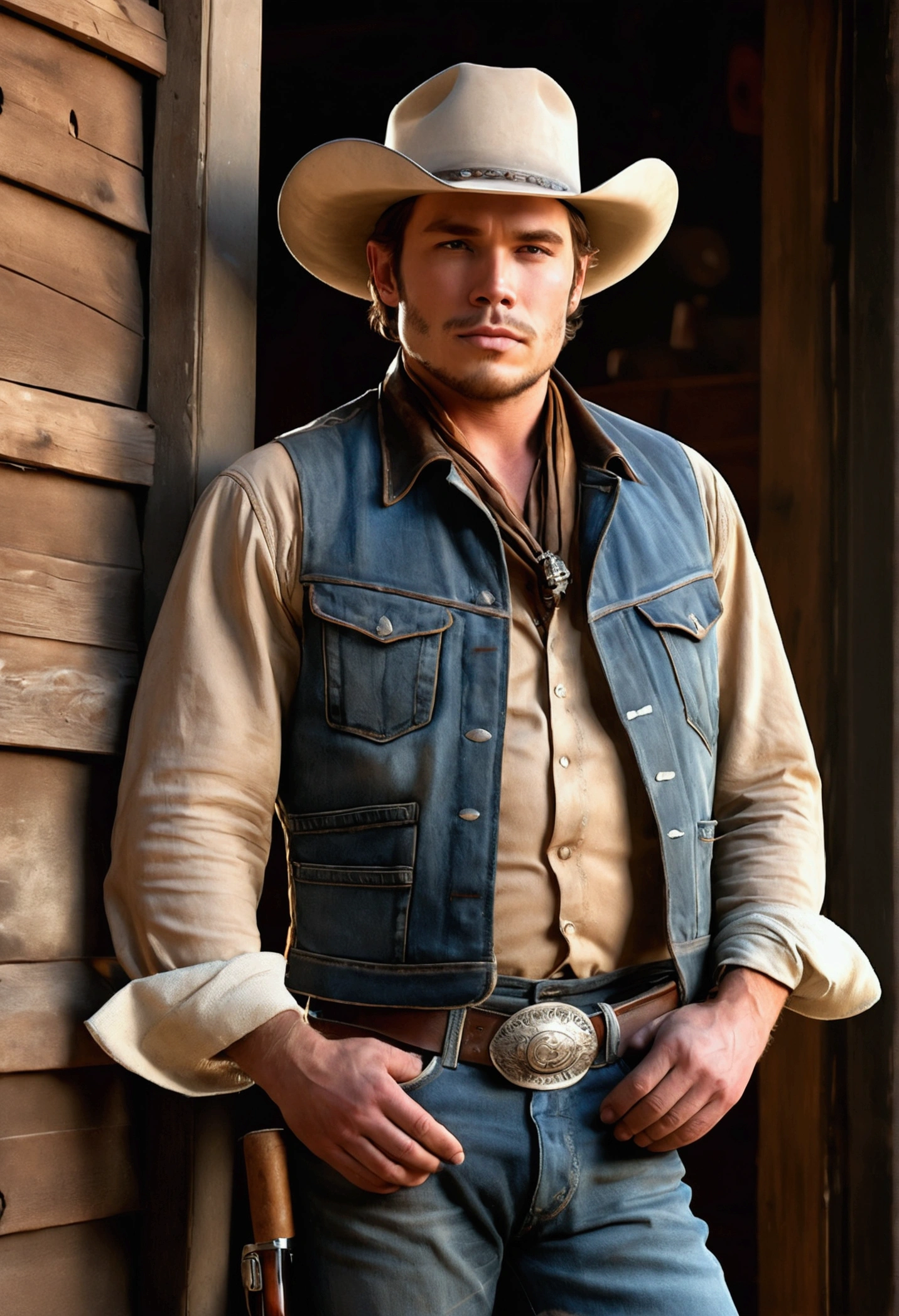 western cowboy, (solo:1.5), under the setting sun, worn-out hat tilted to one side, faded denim jeans with frayed edges, boots with spurs, chaps, bandana around neck, weathered leather vest, smoking a cigar, (smoke:1.2) drifting in the wind, dusty saloon backdrop, (high contrast:1.2), (cinematic lighting:1.3), best quality, ultra high res, ultra detailed facial features and eyes, (photorealistic:1.4), 8K texture, sharp focus, masterpiece.
