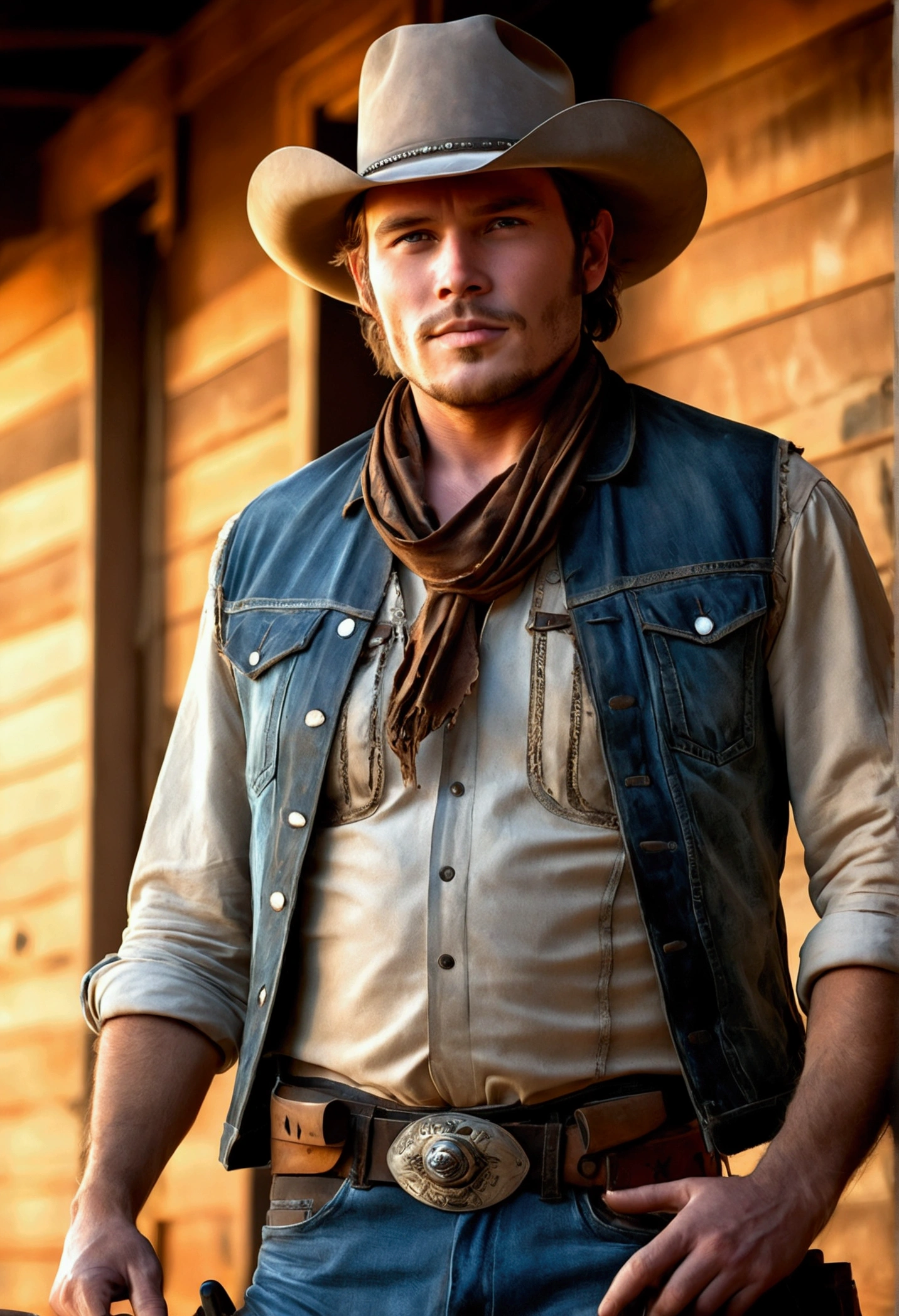 western cowboy, (solo:1.5), under the setting sun, worn-out hat tilted to one side, faded denim jeans with frayed edges, boots with spurs, chaps, bandana around neck, weathered leather vest, smoking a cigar, (smoke:1.2) drifting in the wind, dusty saloon backdrop, (high contrast:1.2), (cinematic lighting:1.3), best quality, ultra high res, ultra detailed facial features and eyes, (photorealistic:1.4), 8K texture, sharp focus, masterpiece.