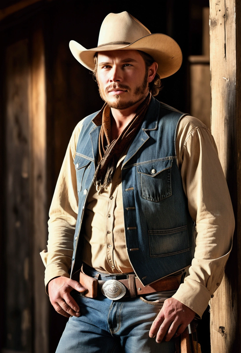 western cowboy, (solo:1.5), under the setting sun, worn-out hat tilted to one side, faded denim jeans with frayed edges, boots with spurs, chaps, bandana around neck, weathered leather vest, smoking a cigar, (smoke:1.2) drifting in the wind, dusty saloon backdrop, (high contrast:1.2), (cinematic lighting:1.3), best quality, ultra high res, ultra detailed facial features and eyes, (photorealistic:1.4), 8K texture, sharp focus, masterpiece.
