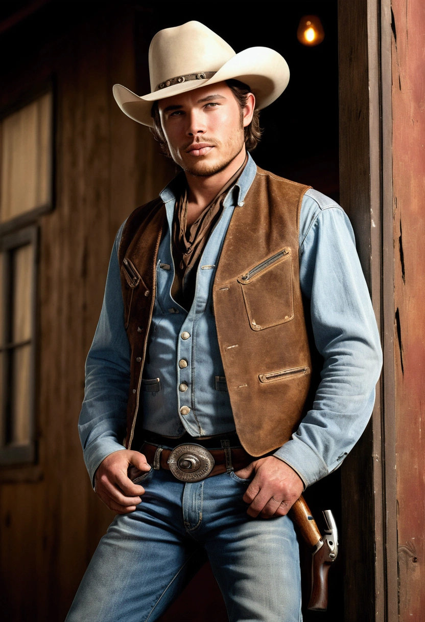 western cowboy, (solo:1.5), under the setting sun, worn-out hat tilted to one side, faded denim jeans with frayed edges, boots with spurs, chaps, bandana around neck, weathered leather vest, smoking a cigar, (smoke:1.2) drifting in the wind, dusty saloon backdrop, (high contrast:1.2), (cinematic lighting:1.3), best quality, ultra high res, ultra detailed facial features and eyes, (photorealistic:1.4), 8K texture, sharp focus, masterpiece.
