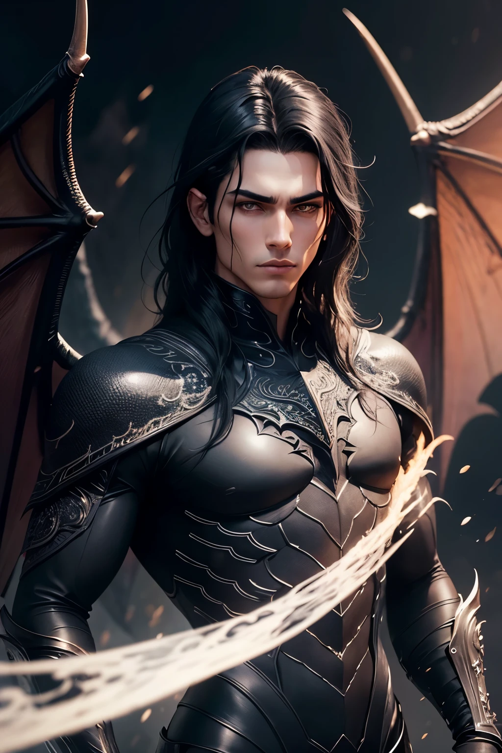 One with black hair, homem de , white eyes and black, leathery dragon wings, detailed and intricate face and eyes, perfect skin, mysterious expression, Bodysuit preto elegante, cosmic energy spinning around, gloomy dark background, cinematic lighting, highy detailed, photorrealistic, digitl art, work of art