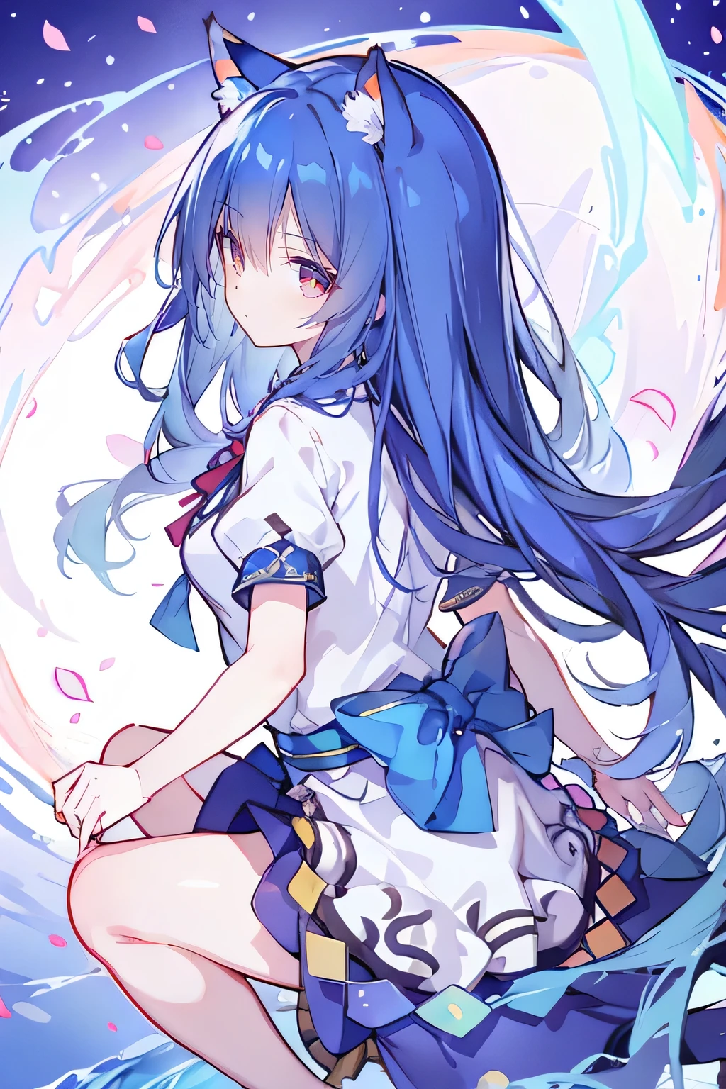 (masterpiece:1.2),Super detailed,lifelike,Expressive eyes,fair skin,perfect face shape,1 girl,
Japanese comics,Gorgeous blue hair,flowing blue hair,flowing clothes,Cat ears,Petals fall,beautiful lola,Baby Angel,
Shaking head with one hand,Cross your legs,,The pavilion is cool and comfortable,smile,back views,sunrise,Petals fall