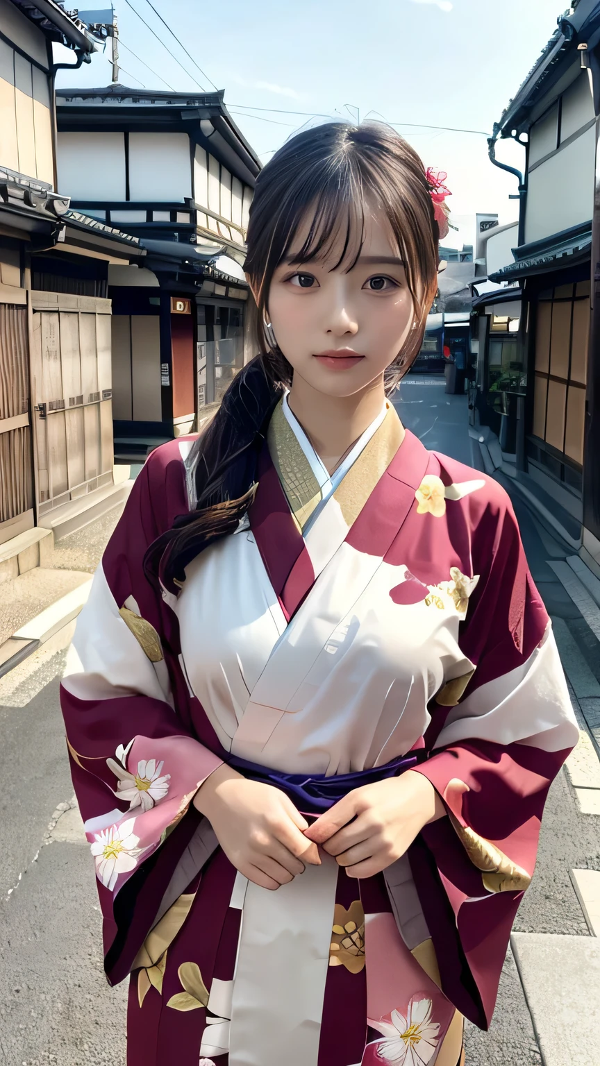 Professional Lighting,(Photorealistic:1.4), (Top image quality:1.0), (超High resolution:1.0), 8k, Raw photography, (masterpiece:0.2), (Facing the children_v1:0.5)、(highest quality Detail:1.2)、Realistic、8K  UHD、High resolution、(1 girl:1.2)、Super detailed、High quality textures、Complex details、detailed、Very detailed CG、High quality shadows、detailed Beautiful and delicate face、Beautiful details and a delicate eye、(Symmetrical eyes:1.2),Written boundary depth、Ray Tracing,1 girl, Japanese Girls,cute, Large Breasts, Portrait of a beautiful Japanese woman in a kimono, Standing elegantly on a street corner in Kyoto. Kimono with vibrant traditional patterns, Hair decorated with elegant and delicate hairpins, Gentle expression. (With the old streets of Kyoto in the background:1.4)、A typical folding fan in hand、The soft light of a spring afternoon、Adding tranquility to the scene. Rendered in a Realistic style with great attention to detail, High resolution images.Sky Porn, Magic Hour, (Realistic:1.3), finely, quality, (Tabletop:1.2), (Realistic:1.2), (highest quality), (Complex details), dramatic, Ray Tracing, photograph, +roller