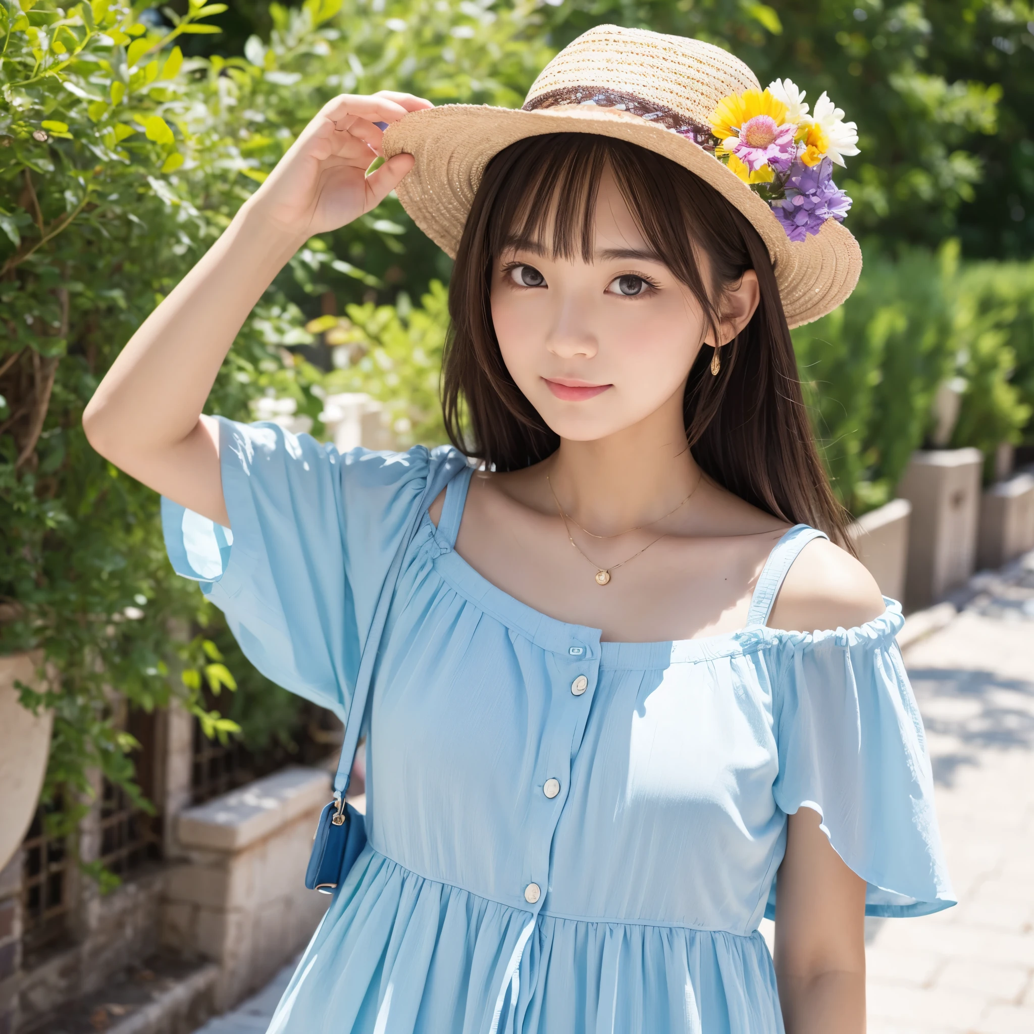 A Ghibli-style girl is standing wearing a straw hat。