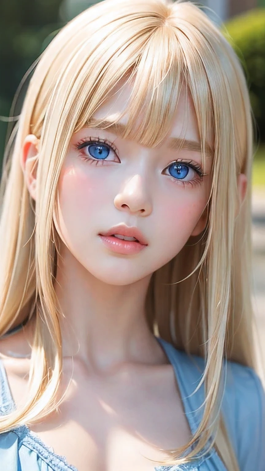 (Close-up:1.4)、(RAW shooting:1.2)、(Photorealistic:1.4)、(masterpiece:1.3)、(Highest quality:1.4)、Bright expression、Very cute beautiful blonde girl、Extraordinary blonde beauty、Cute and beautiful face details、Beautiful blonde bangs、Radiant, fair, glowing skin、Blonde hair on face、Blonde bangs that reach down to the face、Blonde bangs between the eyes、Super long blonde hair、Beautiful platinum blonde, super long, straight, silky hair、Thin blonde hair、Big, bright, light blue eyes that shine beautifully、one piece、eyeliner、double eyelid、Ample Bust、Upper Body、