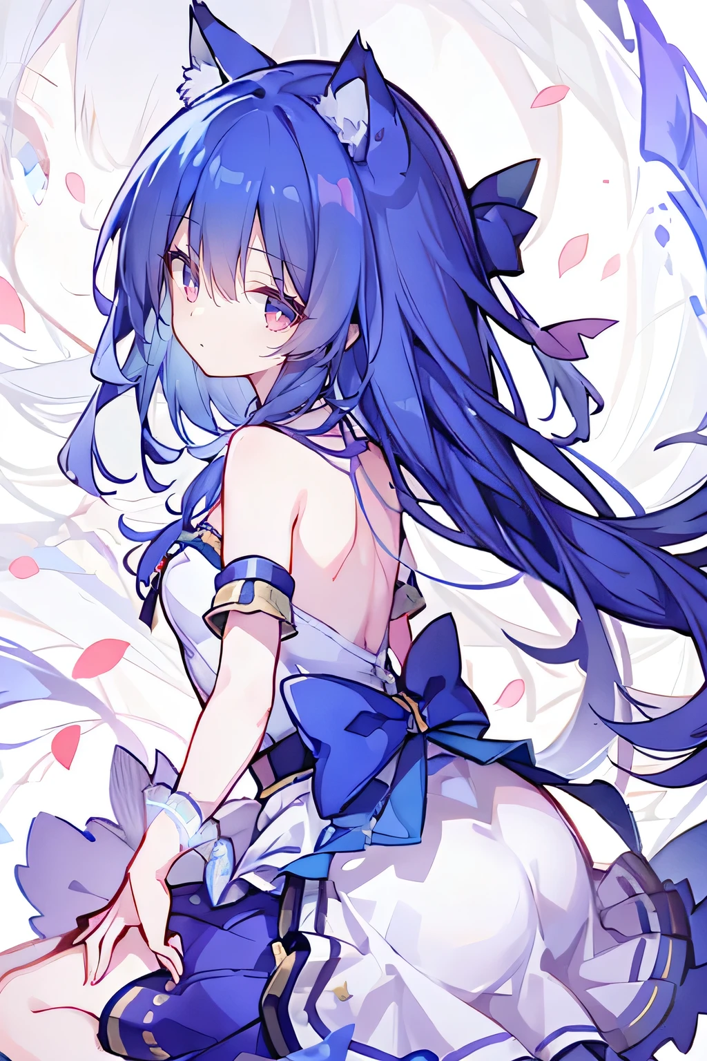 （masterpiece：1.2），Super detailed，lifelike，Expressive eyes，fair skin，perfect face shape，1 girl，
Japanese comics,Gorgeous blue hair,flowing blue hair,flowing clothes,Cat ears,Petals fall,beautiful lola,Baby Angel,
Shaking head with one hand，Cross your legs，，The pavilion is cool and comfortable,smile,back views,sunrise,Petals fall