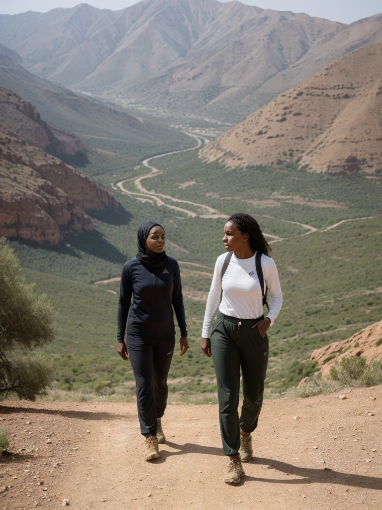Amira, 1girl, solo, ((Sudanese woman)), consistent face and body, ((MILF)), ((30 years old)), (mature), ((slim)), ((Sudanese face)), (Sudanese nose), (Sudanese lips), short hair, upper body and upper legs, (background: Rif Mountains in Morocco), BREAK, (wearing stylish Comfortable hiking clothes, including long-sleeve shirts and trousers to protect against insects and the sun)