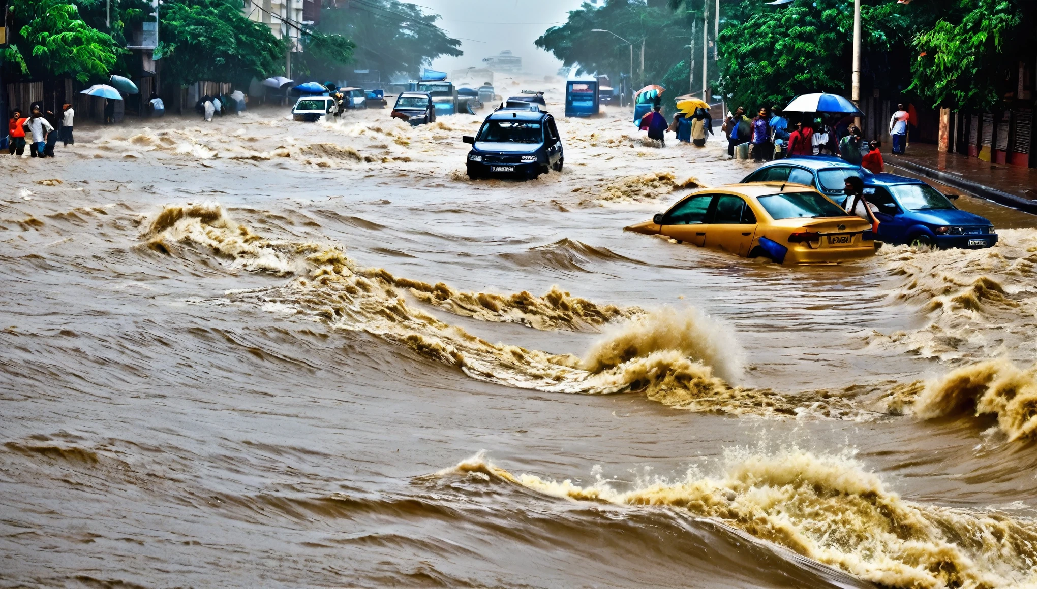 whoa, dramatic image depicts a chaos scenario. Waves of floods cause flooding and destruction on a street in Mumbai, India. It rains a lot in the region.It is possible to see bad weather with gusts of wind and destruction. The scenario is one of chaos.