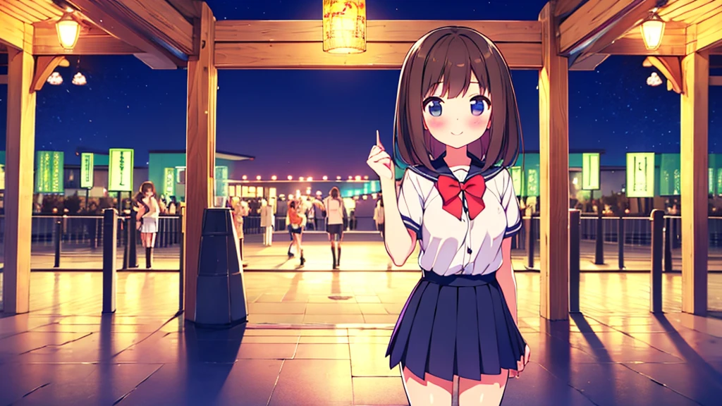 {of the highest quality], [Super beautiful], [Ultra Fine], [best illustration], NSFW,Brown hair, hime cut, by the wide, with bangs, Girl,high school student,uniform,weave,short sleeve,Skirt,smile, blush, Thin women, adult women,standing posture,(public),night park,summer festival,diagonal, Navy Blue Knee High Socks,black bread