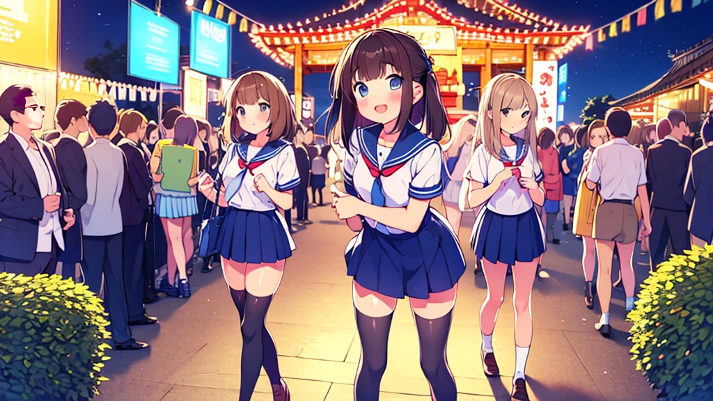 {of the highest quality], [Super beautiful], [Ultra Fine], [best illustration], NSFW,Brown hair, hime cut, by the wide, with bangs, Girl,high school student,uniform,weave,short sleeve,Skirt,smile, blush, Thin women, adult women,standing posture,(public),night park,summer festival,diagonal, Navy Blue Knee High Socks,black bread