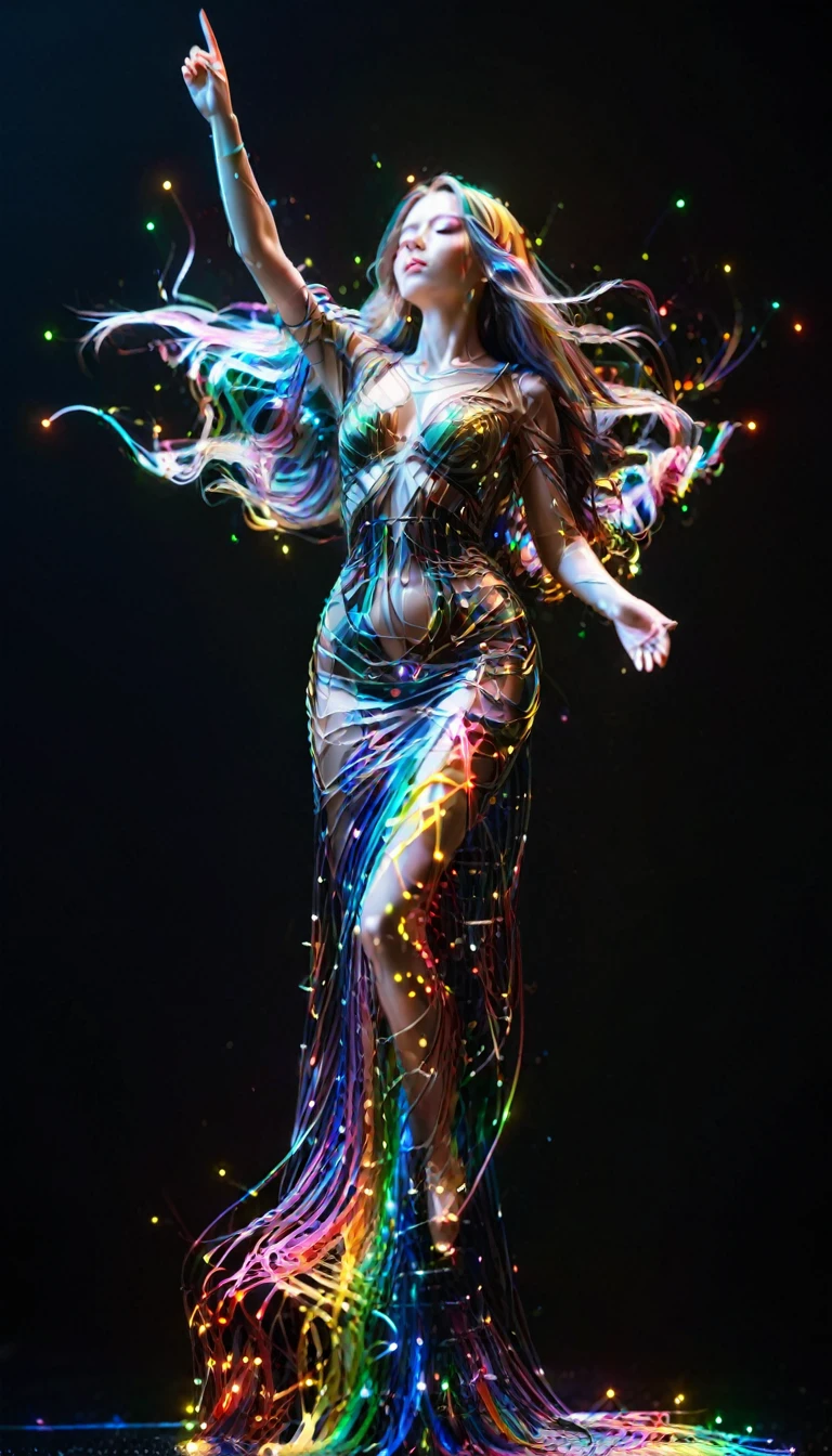 Ultra-Realistic Capture,18k,RAW Photos,Highest quality,masterpiece,reality,Very detailed,Very beautiful woman,Automata,20-year-old ,Model body type,LED,Iron Skin,A very long dress made of light particles,Very detailedな電子機器の骨格,A lot of connecting lines,Rainbow colors,Very long hair,Standing posture,tall,Long legs,Standing on tiptoes,Backwards,Wet,((Middle finger)),to give the bird,Black background,Angel,wing,