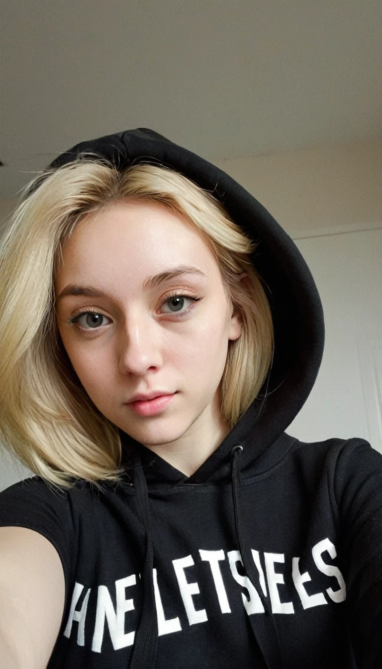 front view, selfie picture of a blonde girl in her 20s, emotionless, wearing black hoodie, Hyperrealism style