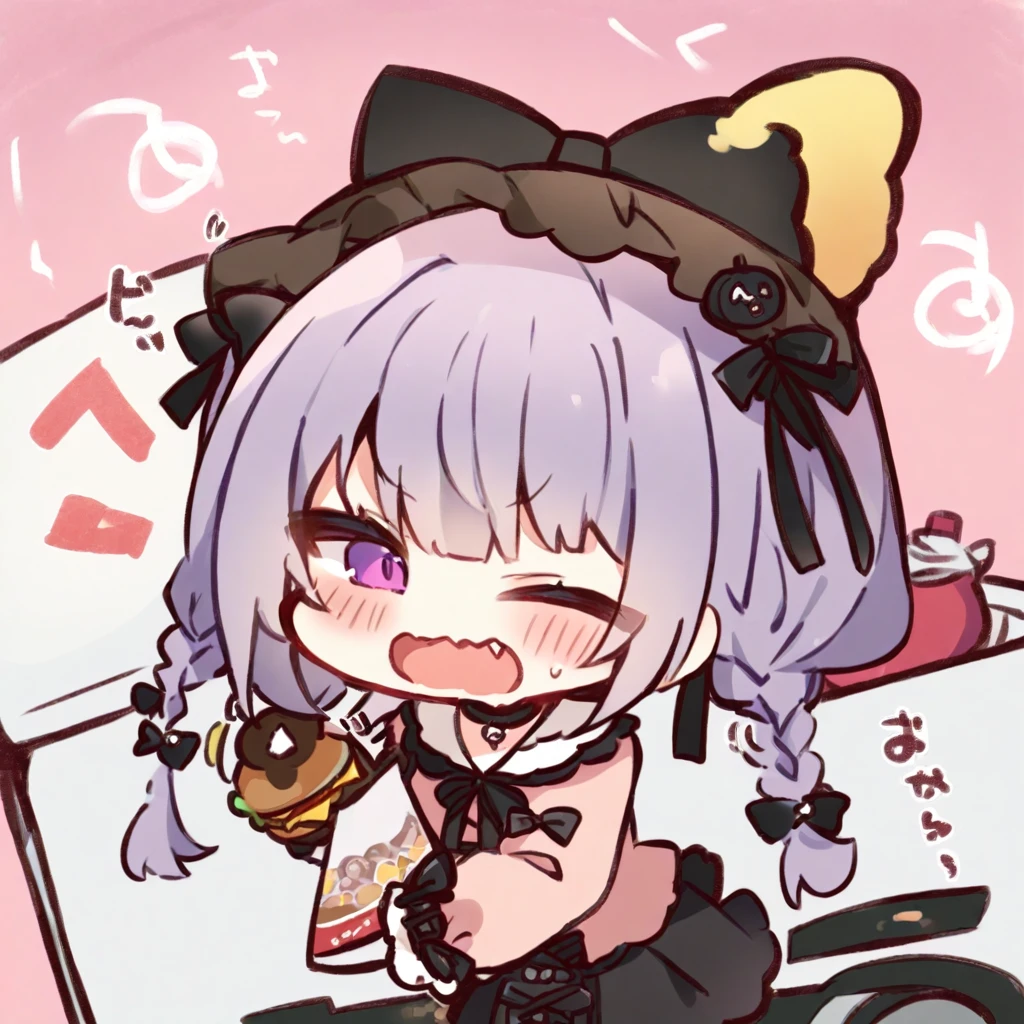Top quality, masterpiece,a chibi girl
, peal purple and blunt bangs hair, twin braids, eyes closed, mouth wide open and screaming, blushing, smilng,fangs,(a girl with closs hair pin,
pink shirt,cosplay, jirai kei, bangs, black skirt, black bow, looking at viewer, bow, long sleeves, choker, ribbon,:1.4),A food truck set up on the back of a light truck, a girl waiting in line,