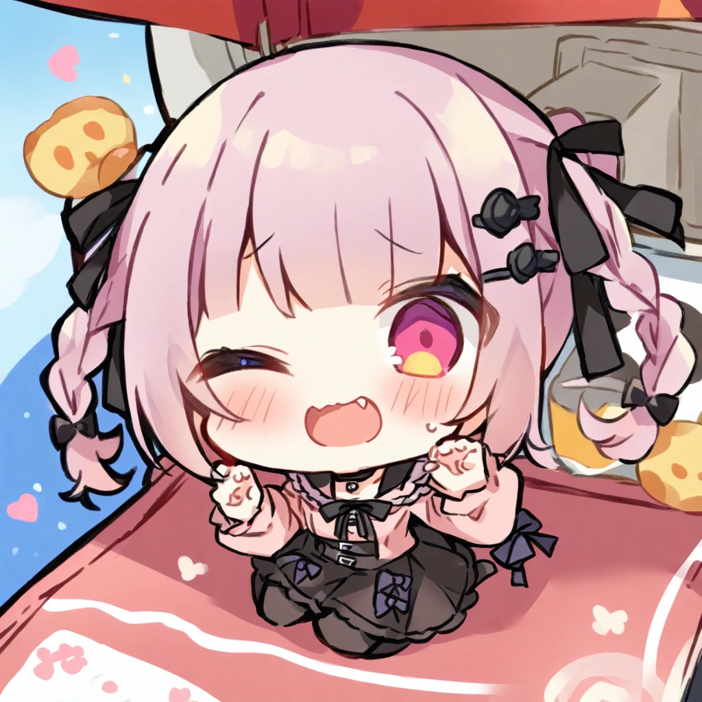 Top quality, masterpiece,a chibi girl
, peal purple and blunt bangs hair, twin braids, eyes closed, mouth wide open and screaming, blushing, smilng,fangs,(a girl with closs hair pin,
pink shirt,cosplay, jirai kei, bangs, black skirt, black bow, looking at viewer, bow, long sleeves, choker, ribbon,:1.4),A food truck set up on the back of a light truck, a girl waiting in line,