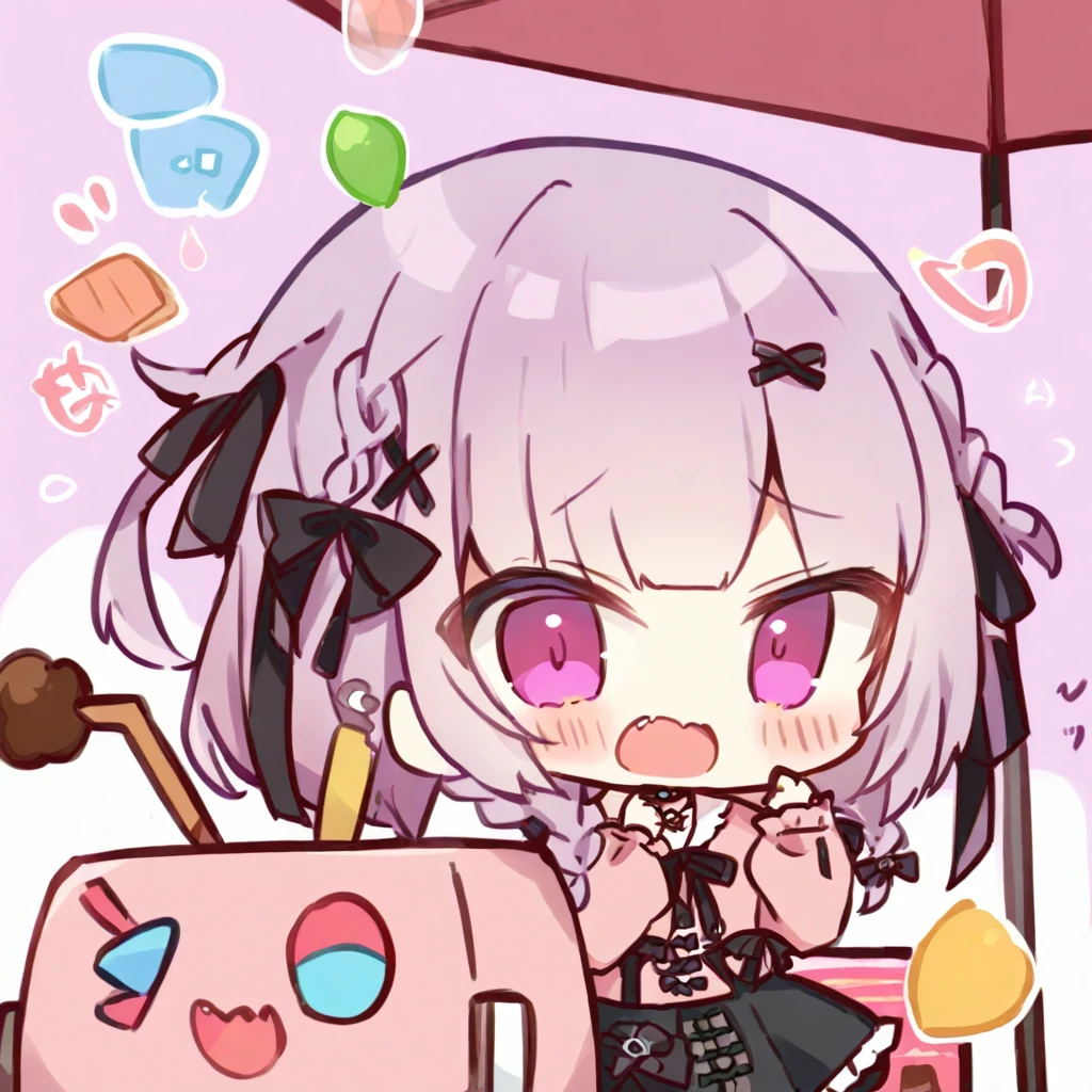 Top quality, masterpiece,a chibi girl
, peal purple and blunt bangs hair, twin braids, eyes closed, mouth wide open and screaming, blushing, smilng,fangs,(a girl with closs hair pin,
pink shirt,cosplay, jirai kei, bangs, black skirt, black bow, looking at viewer, bow, long sleeves, choker, ribbon,:1.4),A food truck set up on the back of a light truck, a girl waiting in line,