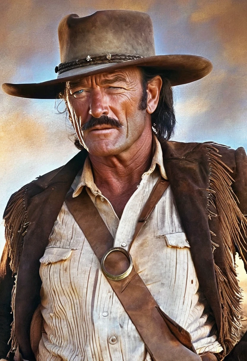 a cowboy in the wild west, john wayne, ringo kid, stagecoach movie, detailed portrait, chiseled facial features, piercing blue eyes, rugged good looks, weathered skin, cowboy hat, western outfit, gun holster, desert landscape, golden hour lighting, cinematic composition, dramatic shadows, muted color palette, gritty realism, classic hollywood style