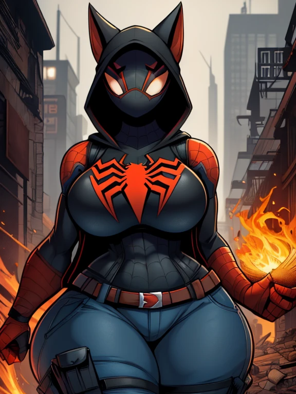 Spiderson, Spider-Man, poison woman with huge ass, huge hips and breasts, cultist wears orange and black cargo pants and fire pattern boots., in the hood, with a mask that completely covers the face,  wear a jacket with a spider pattern, In black pants, hands in bandages, with an army of cultists, + drives a tank, In a ruined city,+fog+anime, enlightenment、(top quality)、(((masterpiece)))、(a high resolution)、Original、(lonely girl)、sexual、Thick、big body、(ginger),With guns and rifles, Helghast, wolfenstein, Unigine rendering, holding a blaster, imperial military, cyberpunk imperial military, Have MP7, with a pistol, RB6S), Wearing a black Sith uniform., Excellent detail, RB6S, RB 6 s, high level of detail