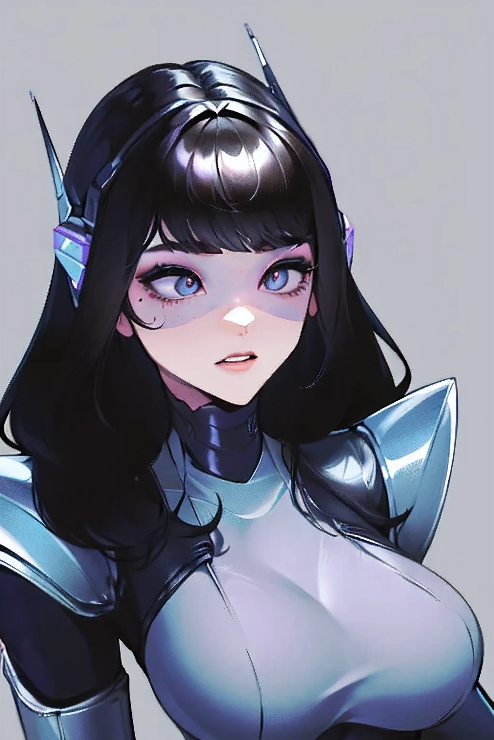 empty eyes,robotized woman ,big bust,Robot Joint ,Metal skin,Black Suit