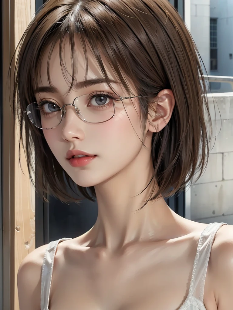 Photo realistic:1.2), One Woman, Japanese, Perfect Face, Cool beauty, Glossy lips, (((No makeup:1.5))), Perfect body, ((Ample breasts)), White Dress, Turn your face towards me, From side, Party Venue, light brown hair, very short hair, mole under eye, eyeball, long eyelashes, glasses, light smile, (couboy shot), parted lips, masterpiece, accurate, anatomically correct, textured skin, super detail, high details, high quality, best quality