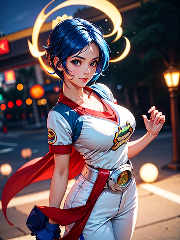 (at night), in a video game scene a background of a beautiful city during the day raining, standing at attention, semi-short blue hair, blouse with an anime frog face, white flared pants, wears blue exercise gloves, has round goggles on her head, WEARS a RED scarf around her neck, huge belt with a round shawl, ((blue hair)), 1 girl, alone, 20 years old, young woman, perfect hands, beautiful fingers, beautiful long legs, beautiful body , beautiful nose, beautiful character design, perfect face, looking at the viewer with serious gesture (focusing on his face), closed mouth, Light_Smile, official art, extremely detailed CG unity 8k wallpaper, perfect lighting, bright and colorful front lighting , shiny skin (masterpiece: 1.0), (best_quality: 1.0), ultra-high resolution, 4K, ultra-detailed photography, 8K, HDR, high resolution, nonsense:1.2, Kodak portra 400, film grain, blurred background, bokeh: 1.2, lens flare, (vibrant_color:1.2), professional photography, (beautiful_face: 1.5), (narrow waist),
