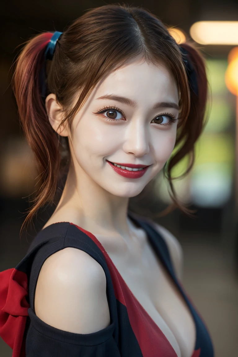 Harley Quinn, Highest quality, shape, Very detailed, In detail, High resolution, 8k wallpaper, Perfect dynamic composition, Beautiful details, Natural Lip, セクシーなHarley Quinn, Big Breasts, Cleavage, She is smiling in a cute pose.., A masterpiece of the whole body, Side Short