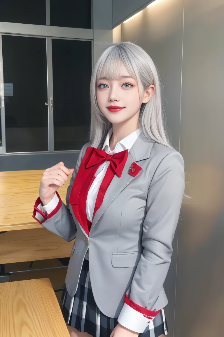 ulzzang-6500-v1.1,(raw photo:1.2),((photorealistic:1.30)), ((best quality)) ,((masterpiece)),((Ultra High Resolution)), ((Clear View)),,Ultra-high resolution,Clear face,(Reality:1.4) , illustration, an extremely delicate and beautiful, extremely detailed ,CG ,unity ,8k wallpaper, Amazing, finely detail, masterpiece,best quality,official art,extremely detailed CG unity 8k wallpaper,absurdres, incredibly absurdres, huge filesize, ultra-detailed, highres, extremely detailed,beautiful detailed girl, extremely detailed eyes and face, beautiful detailed eyes,light on face,cinematic lighting, 1girl, 独奏, bangs, alya(roshidere), (white hair:1.3), long hair, bangs, Blue eyes, hair ribbon, ahoge, (red ribbon), skirt, shirt, long sleeves, bow, , jacket, white shirt, pleated skirt, collared shirt, bowtie, black skirt, red bow, red bowtie, blazer, (grey blazer:1.3), long sleeves, upper body view, smile,