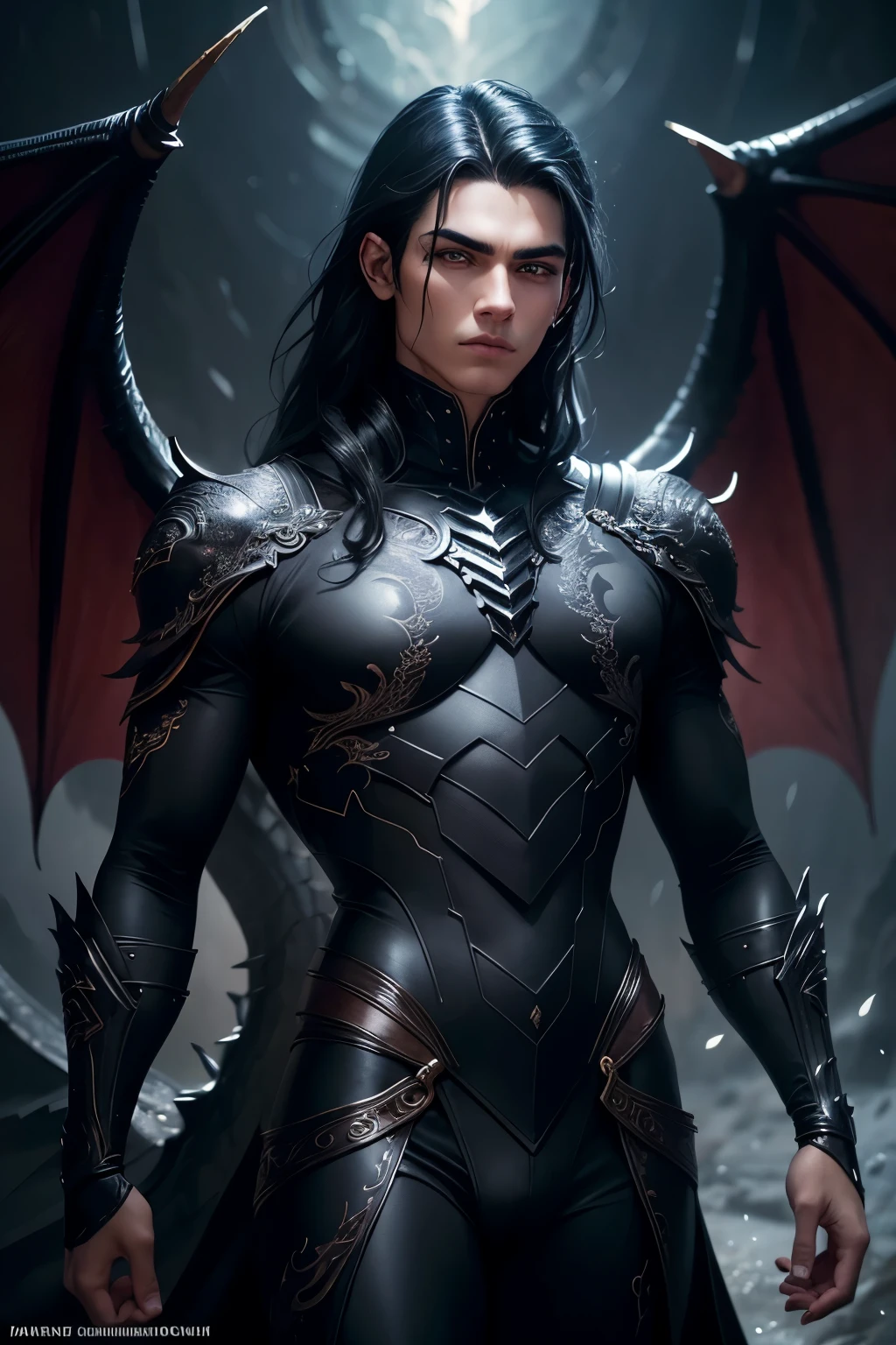 One with black hair, homem de , white eyes and black, leathery dragon wings, detailed and intricate face and eyes, perfect skin, mysterious expression, Bodysuit preto elegante, cosmic energy spinning around, gloomy dark background, cinematic lighting, highy detailed, photorrealistic, digitl art, work of art