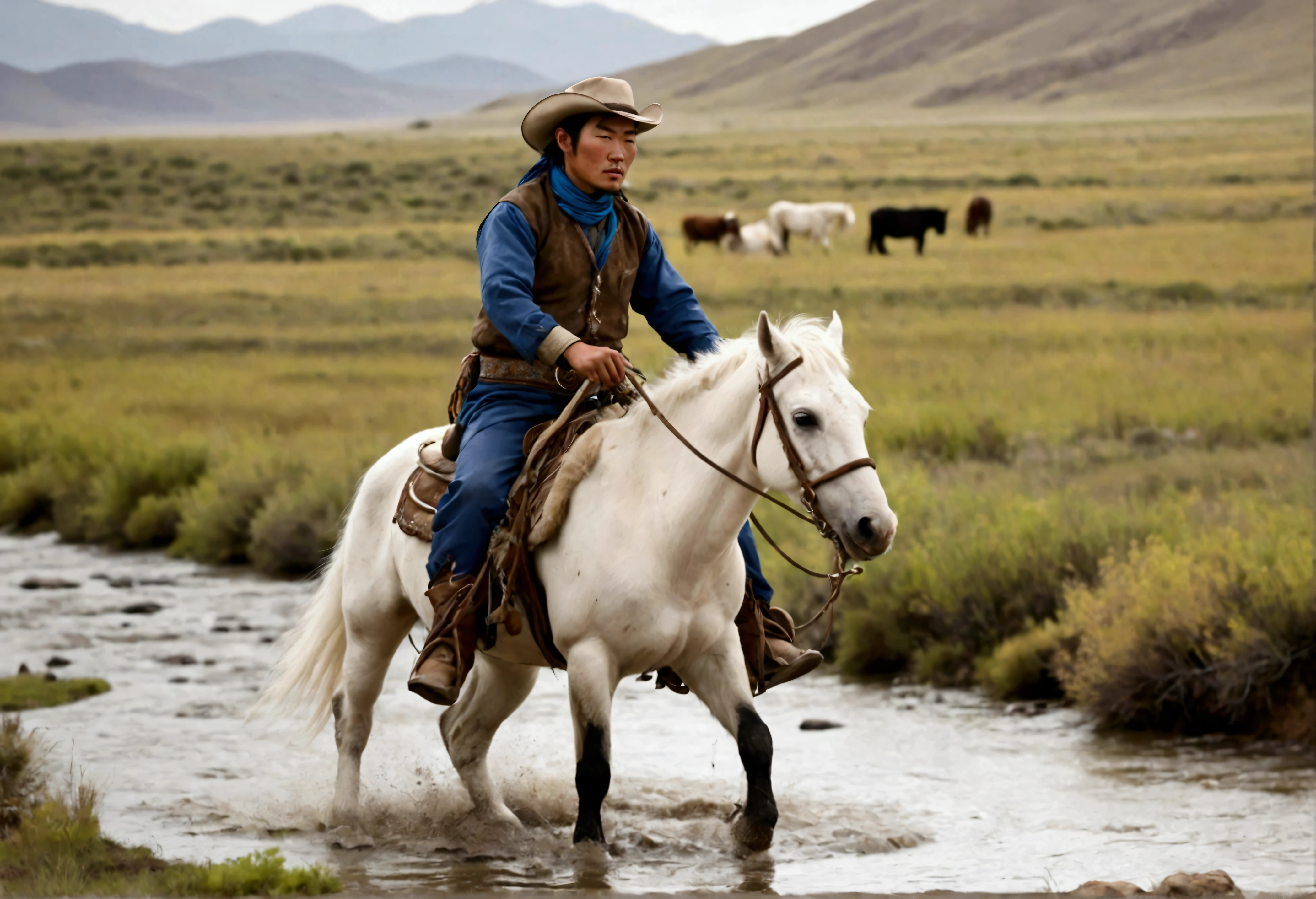 A stout Mongolian man (age 25, dirty and dingy, cowboy outfit dirty but mainly white) riding a white pony, she is part if a cattle drive crossing a stream, rolling plains